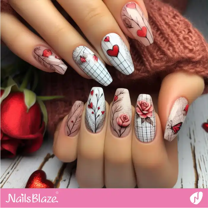 Roses and Hearts Grid Nails for Love Day | Valentine Nails - NB2325